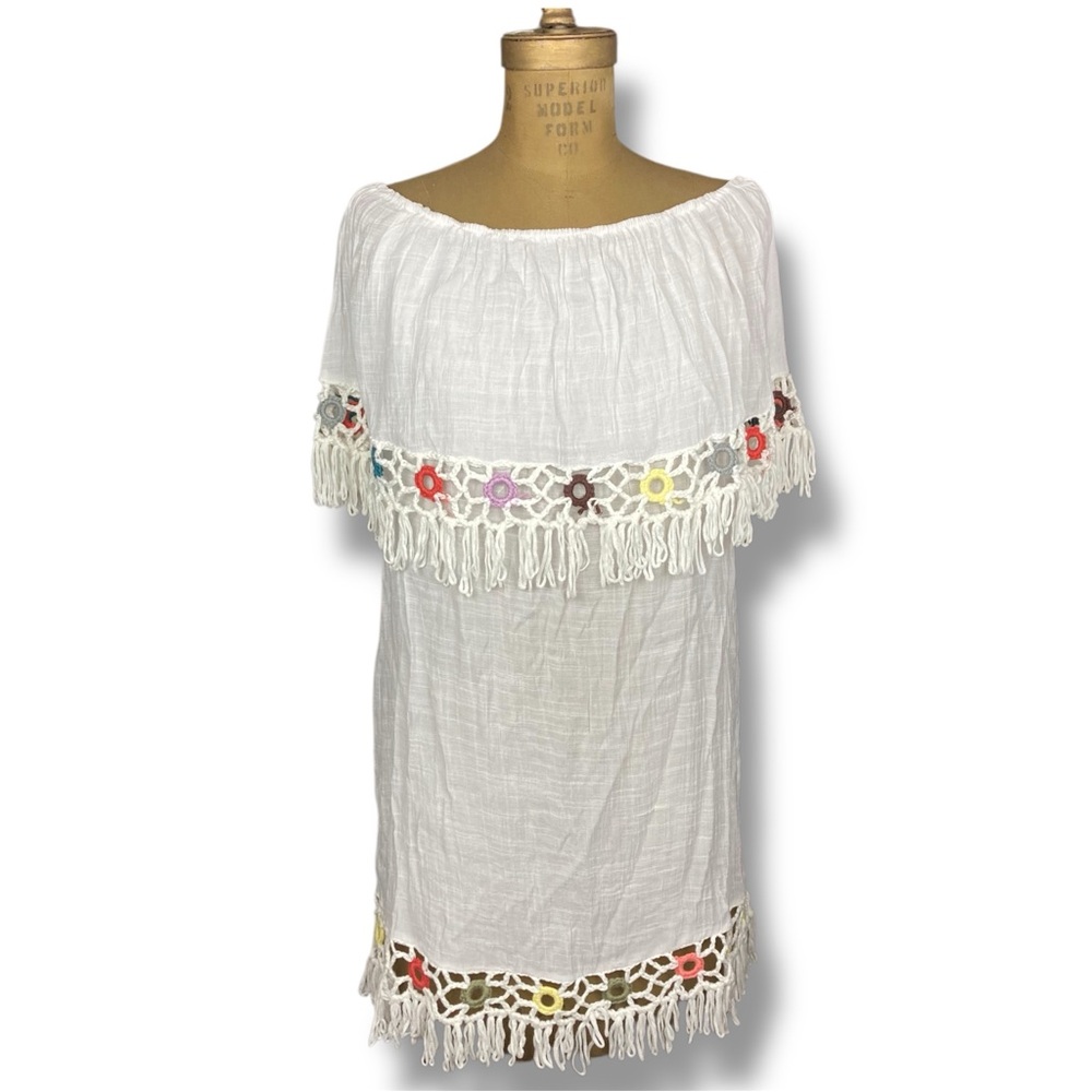 Sheer White Boho Off-Shoulder Swimsuit Cover Up Mini Dress Fringe Floral Accents
